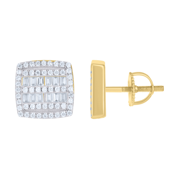 925 Sterling Silver YW-Tone Unisex Baguette Cubic-Zirconia Square Stud Earrings